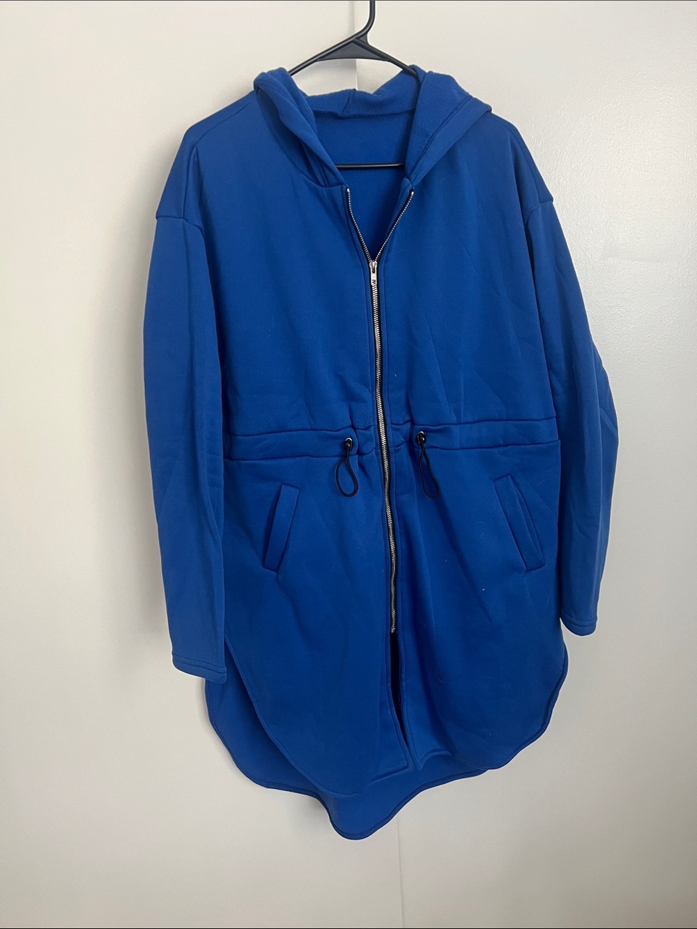 Long Blue Hooded Zip-Front Jacket with Drawstring Waist